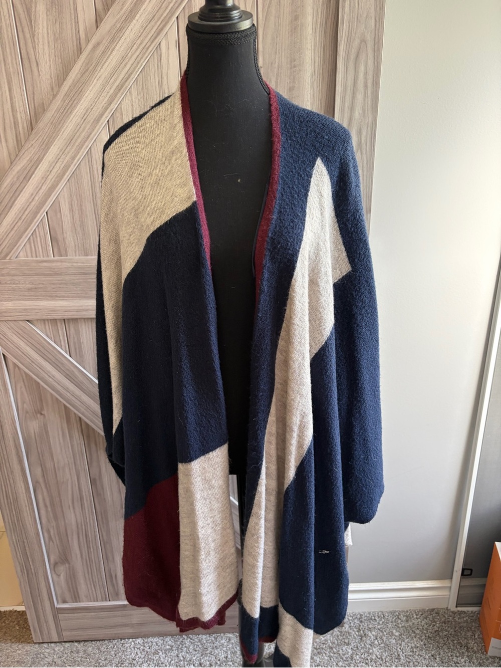 cleo Navy, Cream & Burgundy Colorblock Open-Front Cardigan